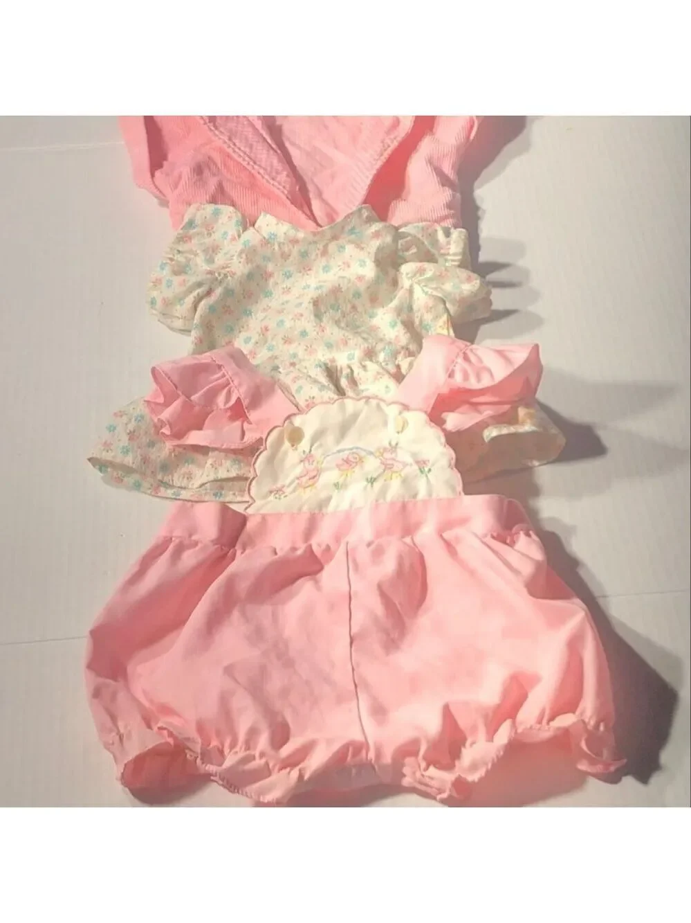 Vintage doll teddy bear outfit pink overalls floral shirt corduroy coat ruffles